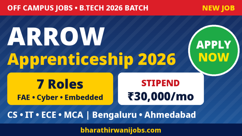 Arrow Electronics Apprenticeship 2026 for B.Tech 2026 batch – 7 Technical Apprentice roles in Bengaluru and Ahmedabad, ₹30,000 monthly stipend