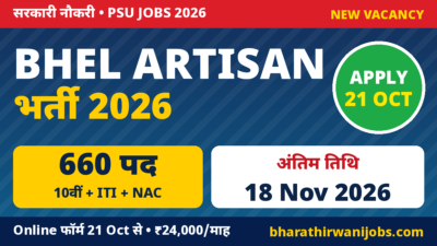 BHEL Artisan Recruitment 2026 – Artisan Grade IV के 660 पद, Last Date 18 Nov 2026