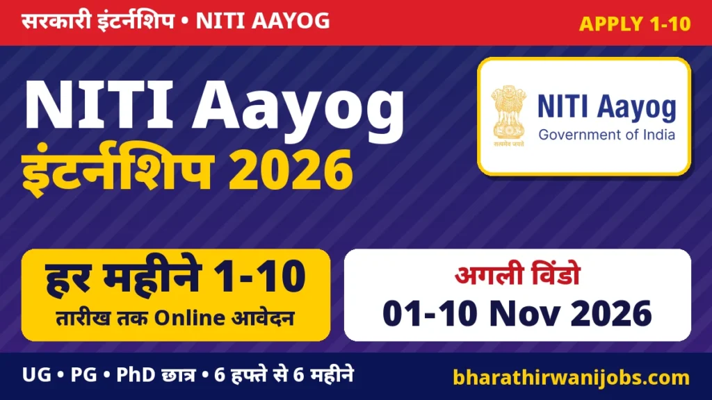 NITI Aayog Internship 2026 – नीति आयोग इंटर्नशिप, हर महीने 1 से 10 तारीख तक Online आवेदन, UG/PG/PhD छात्रों के लिए 6 हफ्ते से 6 महीने