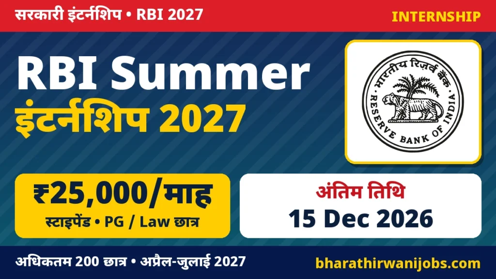 RBI Summer Internship 2027 – RBI Summer Placement, ₹25,000 मासिक स्टाइपेंड, PG/लॉ छात्र 15 दिसंबर 2026 तक Online Apply करें