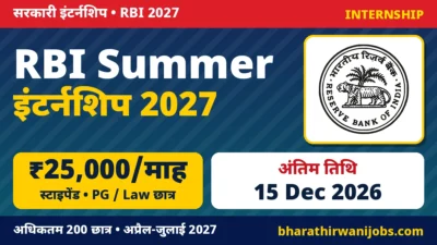 RBI Summer Internship 2027 – RBI Summer Placement, ₹25,000 मासिक स्टाइपेंड, PG/लॉ छात्र 15 दिसंबर 2026 तक Online Apply करें