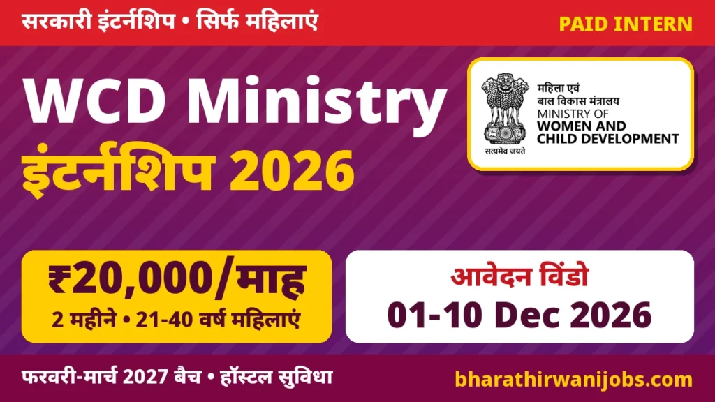 WCD Internship 2026 – महिला एवं बाल विकास मंत्रालय इंटर्नशिप, ₹20,000 महीना स्टाइपेंड, 21-40 साल की महिलाएं 1-10 दिसंबर 2026 को Apply करें