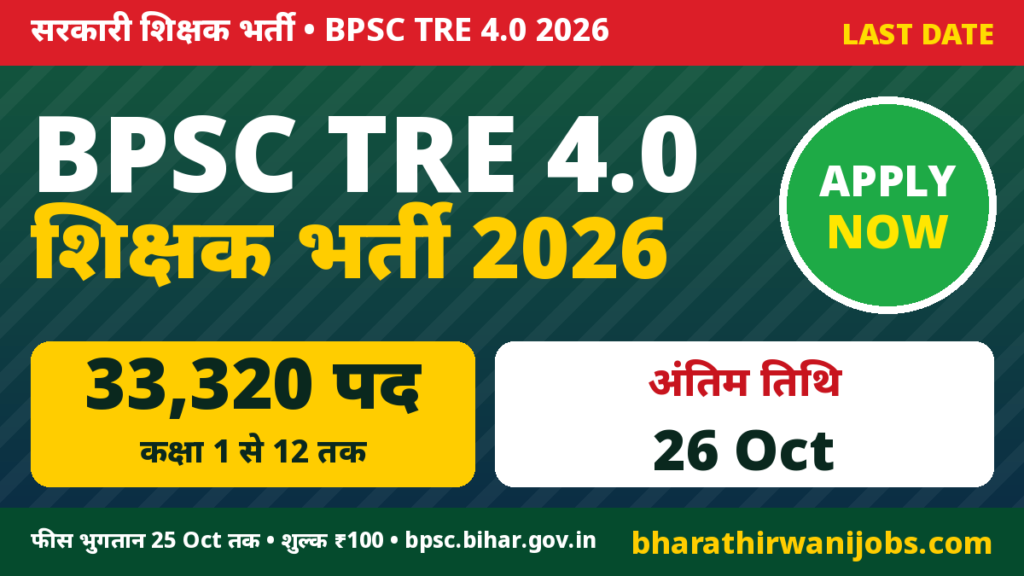 BPSC TRE 4 Recruitment 2026 – बिहार विद्यालय अध्यापक के 33,320 पद, ऑनलाइन आवेदन की अंतिम तिथि 26 अक्टूबर 2026