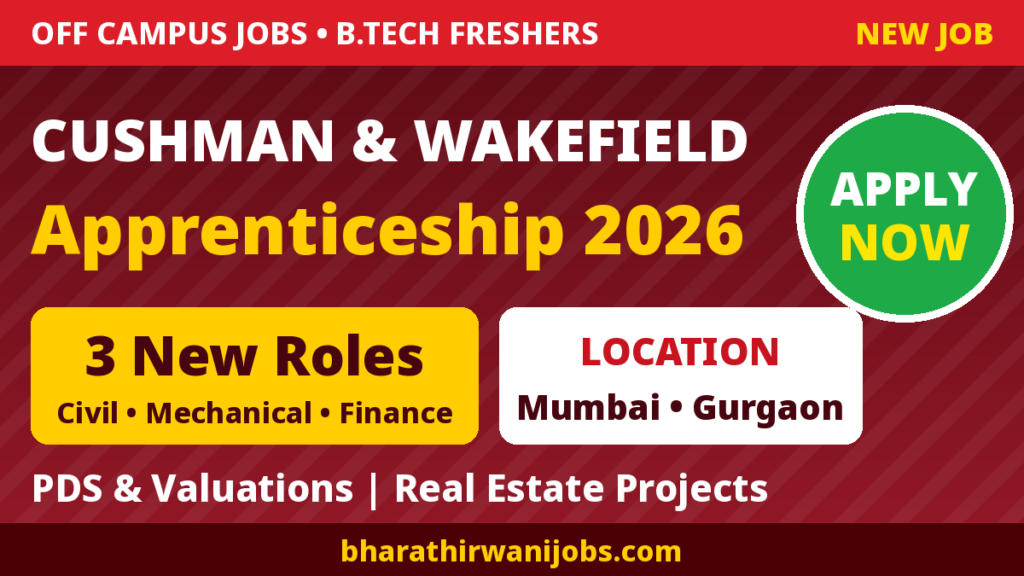 Cushman and Wakefield Apprenticeship 2026 for B.Tech Civil and Mechanical freshers – Project Development Services and Valuations apprentice roles in Mumbai and Gurgaon