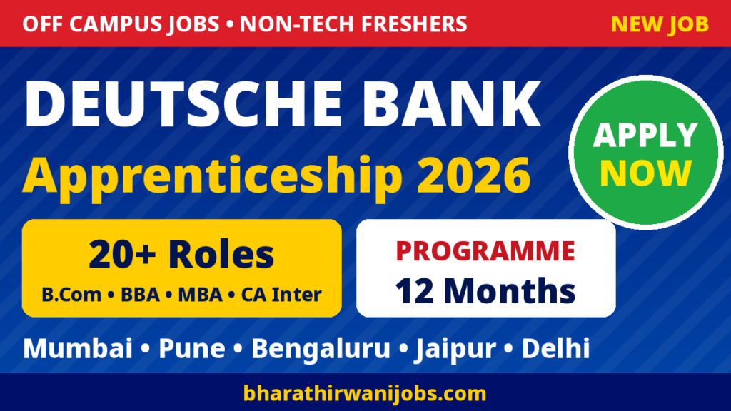 Deutsche Bank Apprenticeship 2026 for B.Com, BBA, MBA and CA Inter freshers – 20+ banking apprentice roles in Mumbai, Pune, Bengaluru, Jaipur and New Delhi