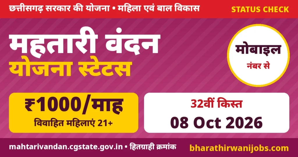 Mahtari Vandan Yojana Status – महतारी वंदन योजना छत्तीसगढ़ स्टेटस चेक, ₹1000 मासिक किस्त
