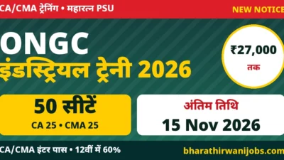 ONGC Industrial Trainee Recruitment 2026 – ओएनजीसी में CA और CMA इंटरमीडिएट पास के लिए 50 इंडस्ट्रियल ट्रेनी सीटें, स्टाइपेंड ₹27,000 तक, अंतिम तिथि 15 नवंबर 2026