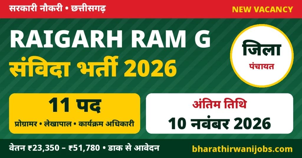 Raigarh RAM G Bharti 2026 – जिला पंचायत रायगढ़ में विकसित भारत जी राम जी योजना के 11 संविदा पद, कंप्यूटर प्रोग्रामर, कार्यक्रम अधिकारी, सहायक प्रोग्रामर, लेखापाल, आवेदन 10 नवंबर 2026 तक