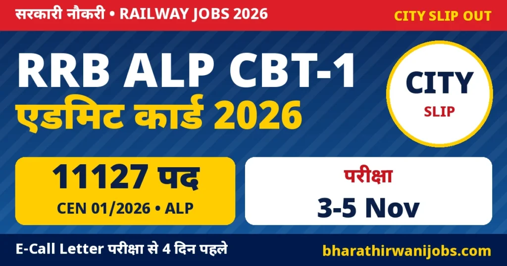 RRB ALP Admit Card 2026 – RRB असिस्टेंट लोको पायलट CEN 01/2026 CBT-1 City Slip, परीक्षा 3 से 5 नवंबर 2026, 11127 पद