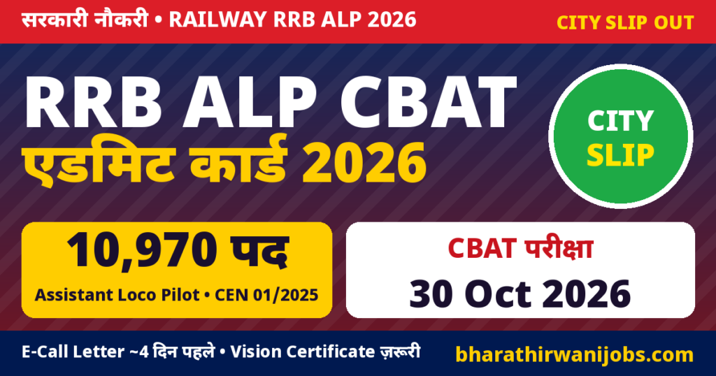 RRB ALP CBAT Admit Card 2026 – RRB असिस्टेंट लोको पायलट CEN 01/2025 CBAT City Slip जारी, परीक्षा 30 अक्टूबर 2026, 10970 पद