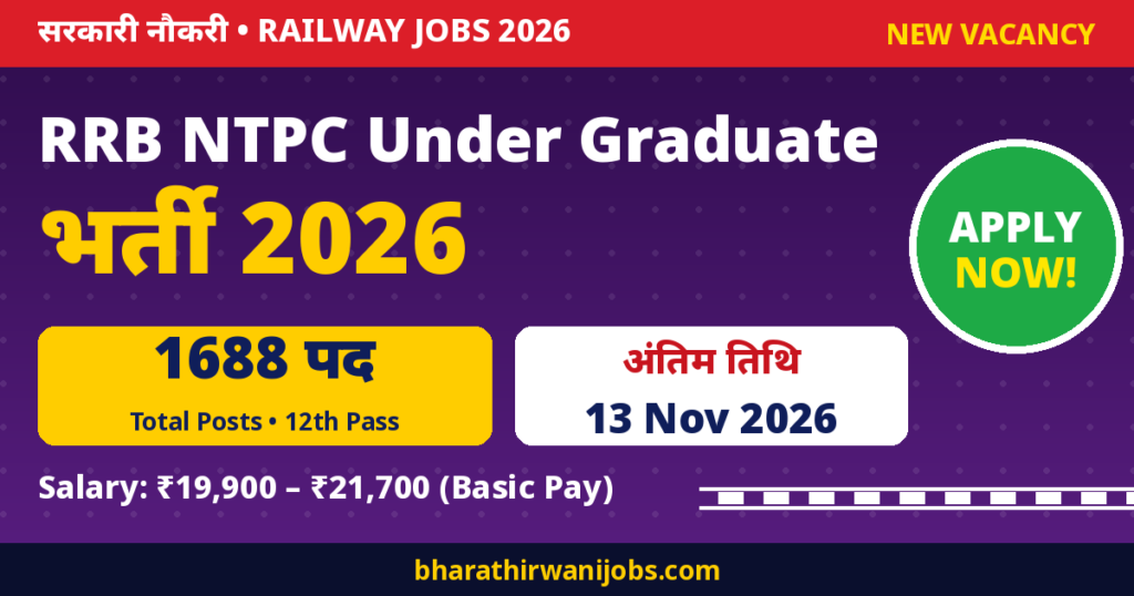 RRB NTPC Under Graduate Recruitment 2026 – 1688 पद, Last Date 13 Nov 2026