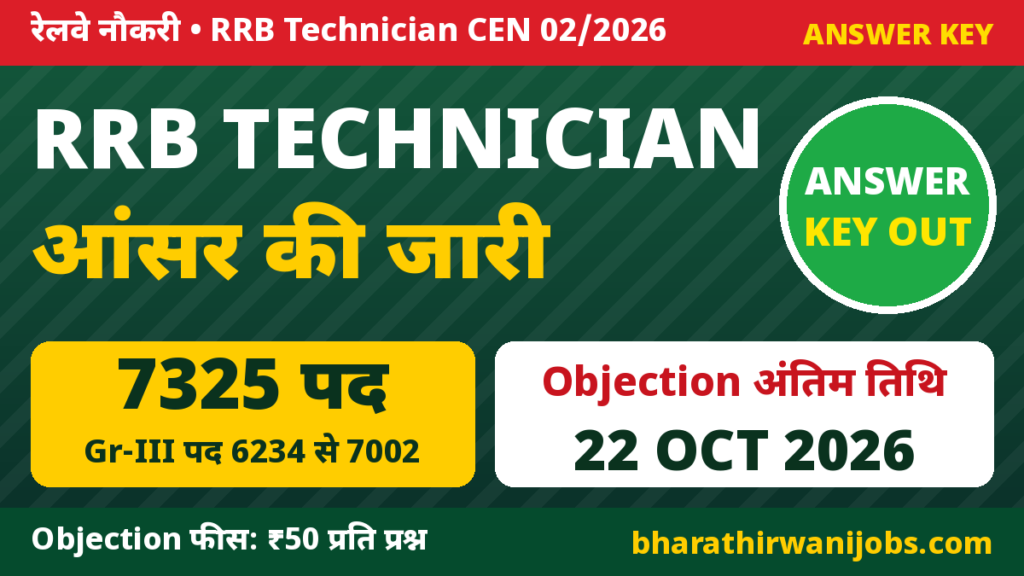 RRB Technician Answer Key 2026 – CEN 02/2026 Grade I और Grade III Answer Key जारी, Objection 22 Oct 2026 तक