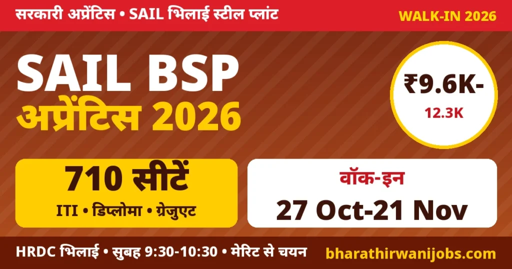 SAIL Bhilai Apprentice 2026 – भिलाई स्टील प्लांट 710 अप्रेंटिस वॉक-इन शेड्यूल 27 अक्टूबर से 21 नवंबर 2026