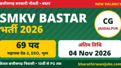 SMKV Bastar Bharti 2026 – शहीद महेंद्र कर्मा विश्वविद्यालय बस्तर जगदलपुर में सहायक ग्रेड-3, DEO, भृत्य, लैब टेक्नीशियन के 69 पद, अंतिम तिथि 04 नवंबर 2026
