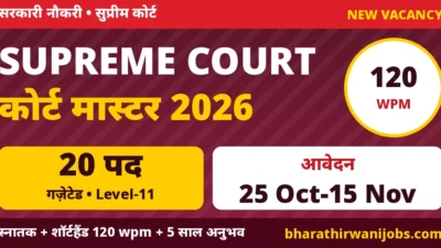 Supreme Court Court Master Recruitment 2026 – सुप्रीम कोर्ट ऑफ इंडिया में Court Master (Shorthand) के 20 पद, Level-11, 120 wpm शॉर्टहैंड, आवेदन 25 अक्टूबर से 15 नवंबर 2026