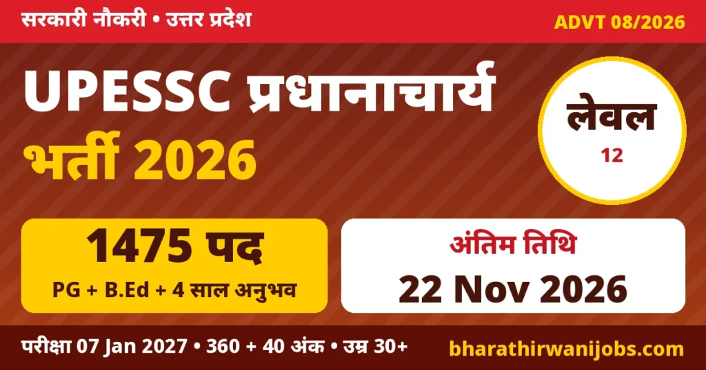 UPESSC Principal Recruitment 2026 – उत्तर प्रदेश के अशासकीय सहायता प्राप्त विद्यालयों में प्रधानाचार्य के 1475 पद, अंतिम तिथि 22 नवंबर 2026
