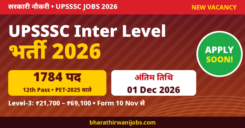 UPSSSC Inter Level Recruitment 2026 – 1784 पद, Last Date 01 Dec 2026