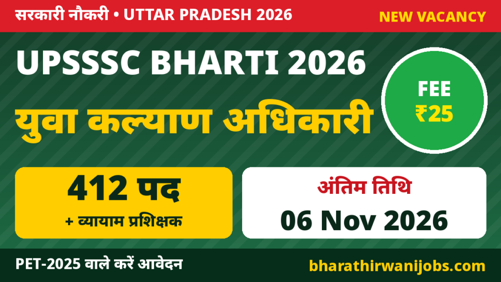 UPSSSC Yuva Kalyan Adhikari Bharti 2026 – क्षेत्रीय युवा कल्याण अधिकारी और व्यायाम प्रशिक्षक के 412 पद, Last Date 06 Nov 2026